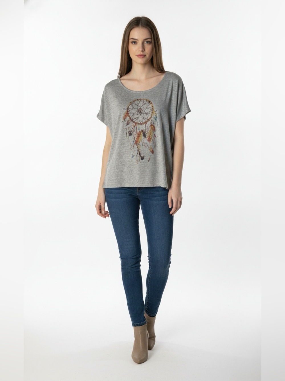 Laura Heather Gray Short-Sleeve Top with Colorful Dreamcatcher Size XL